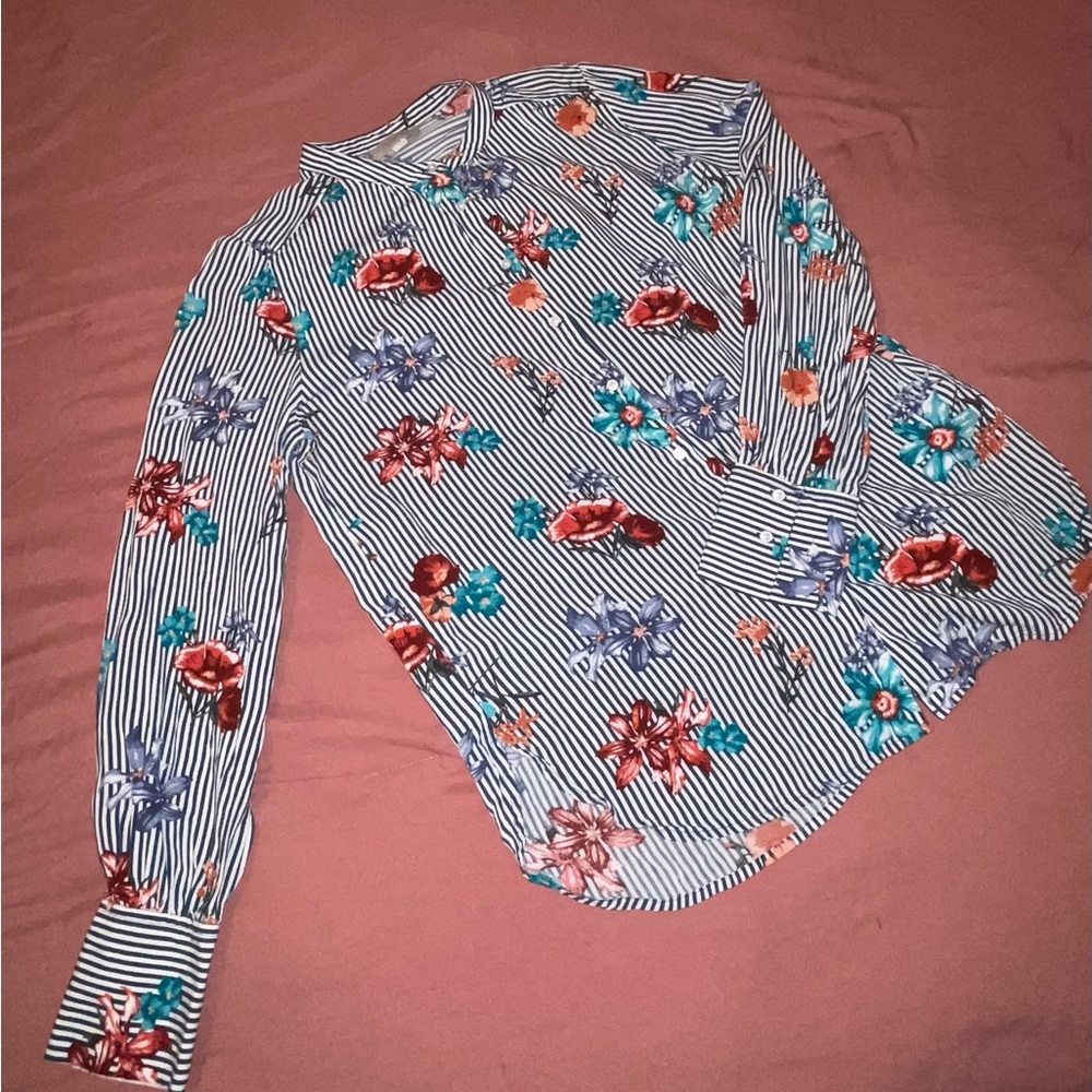 Blue and white striped floral pattern button up.